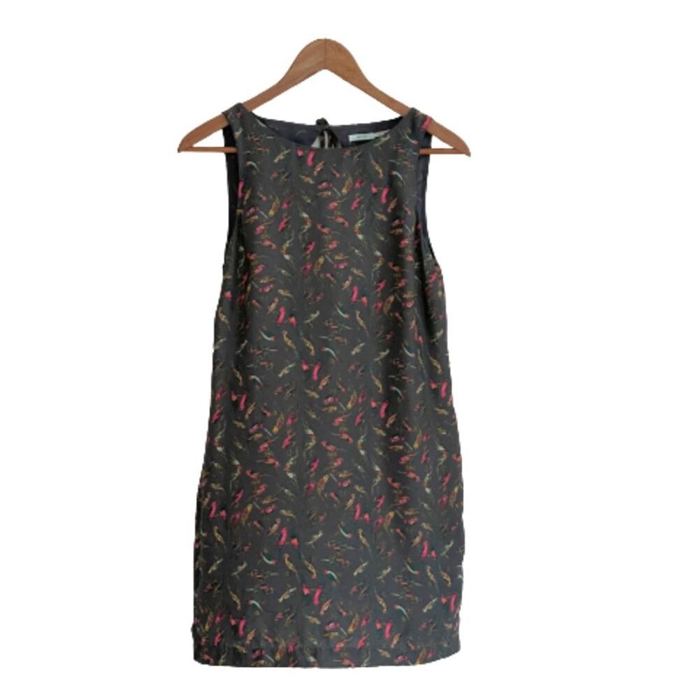 Kimchi Blue Dress Gray Bird Print Sleeveless Pockets Cut Out Back Mini Dress XS